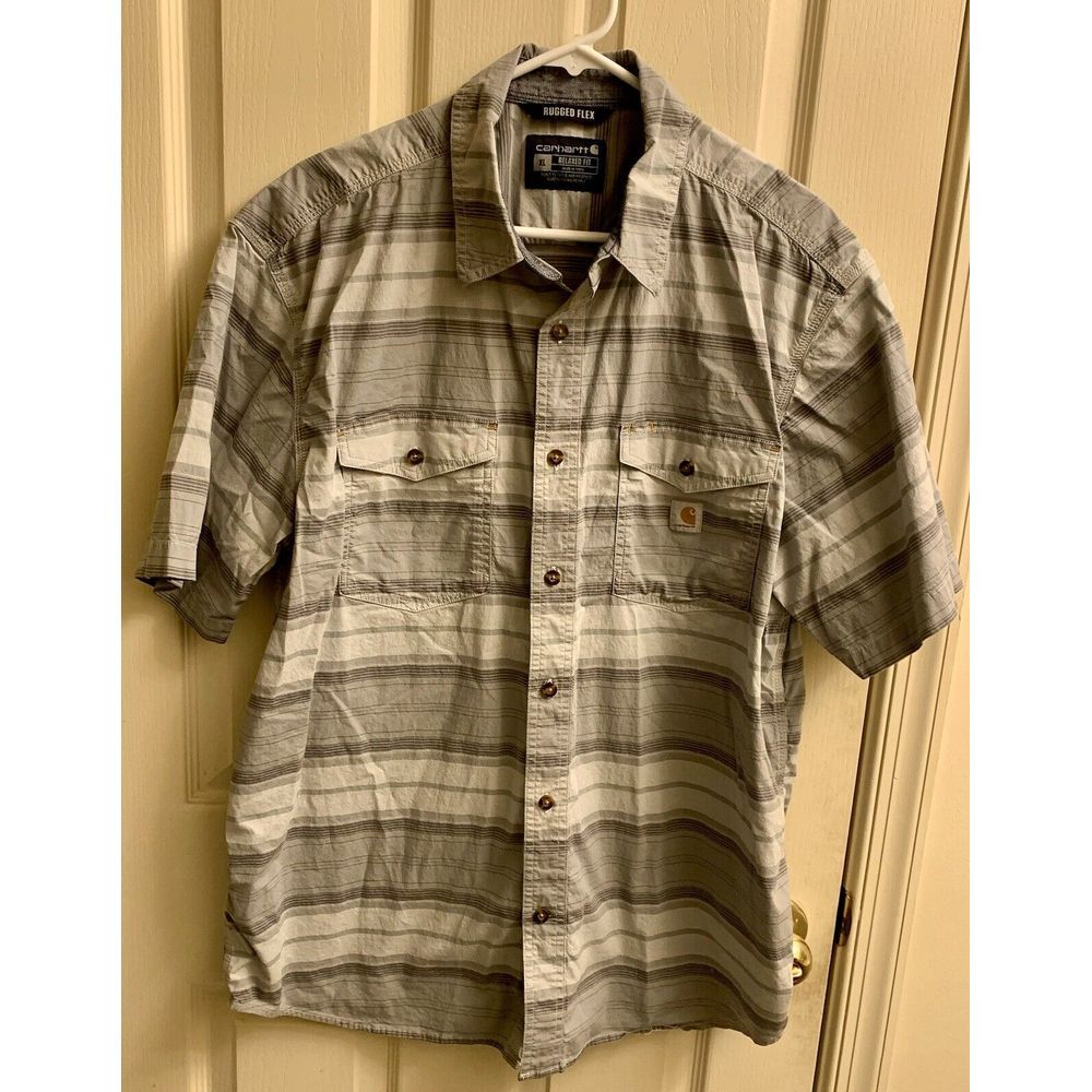 Carhartt rugged flex relaxed fit size XL Gray / Green striped button down shirt